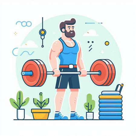 Man in sportswear doing exercises with barbell, flat vector illustration.のイラスト素材