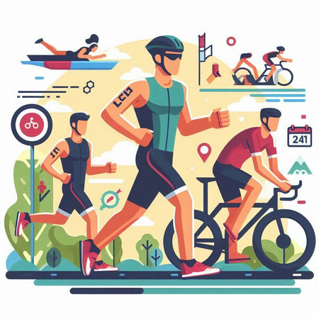 Cyclists running in the park vector illustration. Flat style.のイラスト素材