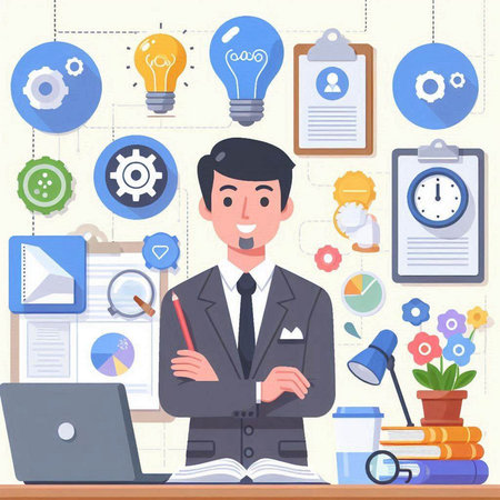 Businessman in office. Vector illustration in flat style. Business concept.のイラスト素材