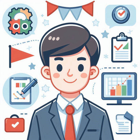 Illustration of a businessman in a business suit and a happy faceのイラスト素材