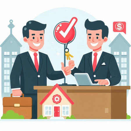 Real estate agent giving house key to customer. Vector illustration in cartoon styleのイラスト素材