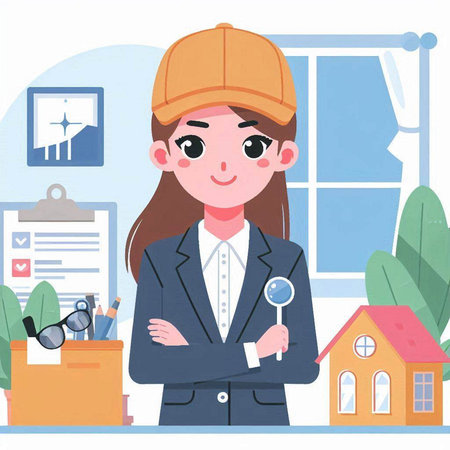Young woman with a magnifying glass in her hand. Flat style vector illustration.のイラスト素材