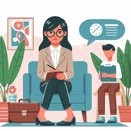 Businesswoman and businessman talking in office. Vector flat cartoon illustration.のイラスト素材