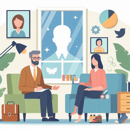 Psychotherapist working with patients in office. Flat vector illustration.のイラスト素材