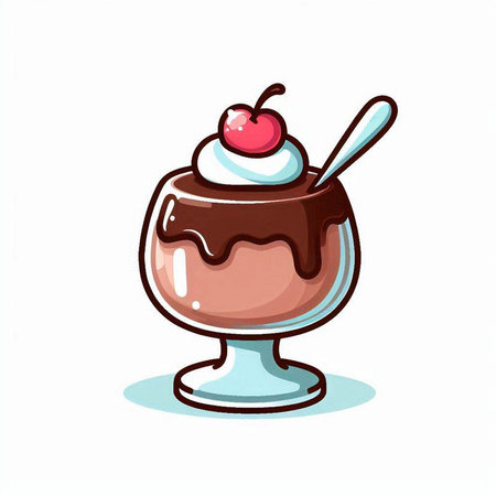 Chocolate pudding with whipped cream and cherry in a glass cup. Vector illustration.のイラスト素材
