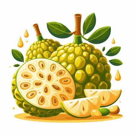 Vector illustration of whole and half of green custard apple with leaves.のイラスト素材