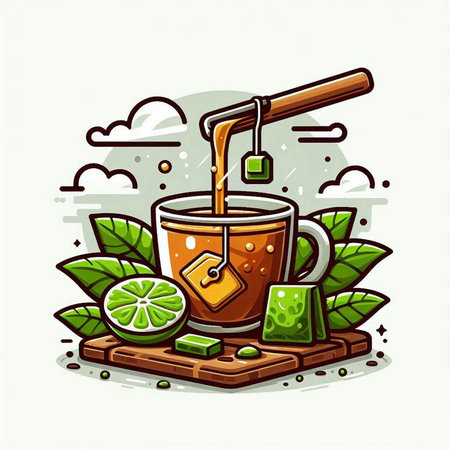 Cup of tea with mint, lime and ice cubes. Vector illustration.のイラスト素材