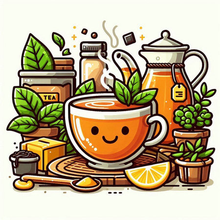 Cup of tea. Vector illustration. Cute cartoon character.のイラスト素材