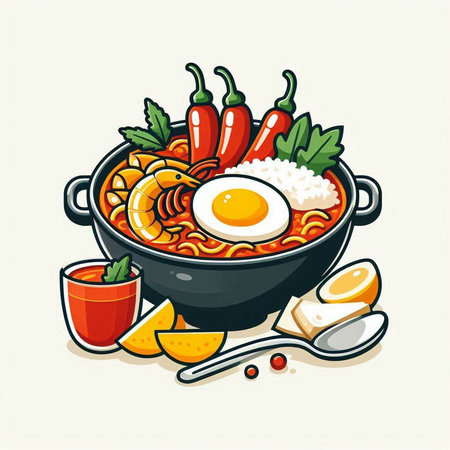 Illustration of a bowl of spicy soup with fried egg and chili peppersのイラスト素材