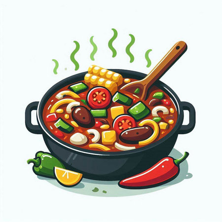 Illustration of a hot chili soup in a pot with a spoonのイラスト素材