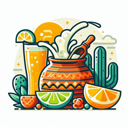 Cinco de mayo vector illustration in flat style with cactus, tequila, orange juice and sombreroのイラスト素材