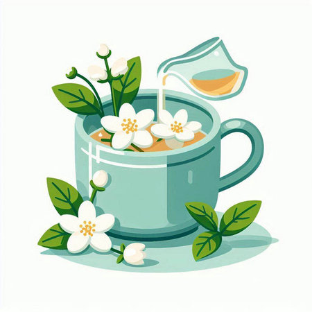 Cup of jasmine tea with jasmine flowers.のイラスト素材