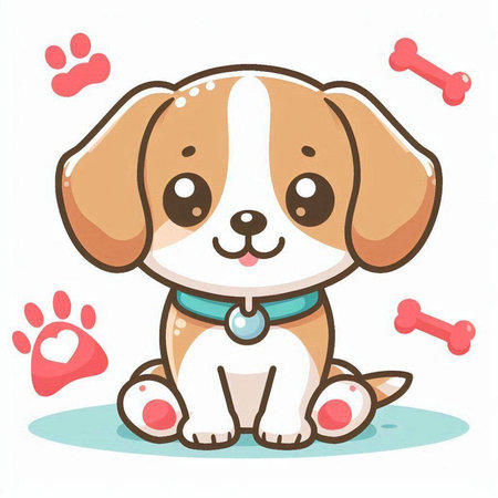 Cute cartoon dog with bone and paw print. Vector illustration.のイラスト素材