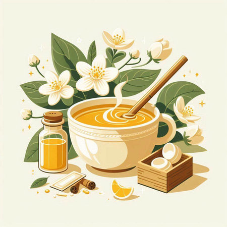 Vector illustration of jasmine tea in bowl, honey, lemon and cinnamon.のイラスト素材