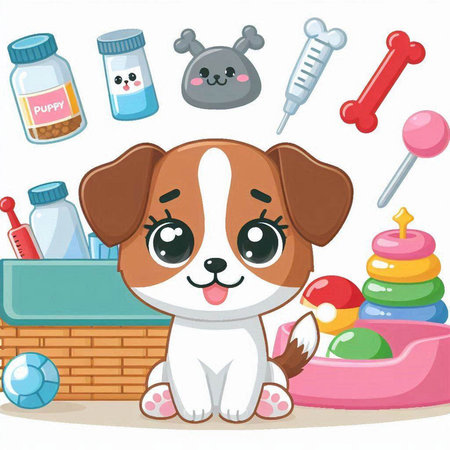 cute dog playing with toys in the childrens room, vector illustrationのイラスト素材