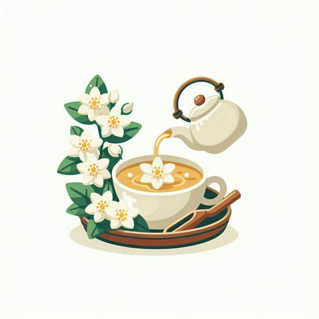Cup of tea with jasmine flowers. Vector illustration.のイラスト素材