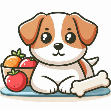 Illustration of a Cute Puppy with a Bowl of Fruit and a Boneのイラスト素材