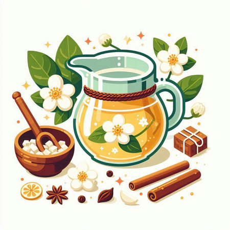 Cup of herbal tea with cinnamon, star anise, lemon, star anise, cloves and honey. Vector illustration.のイラスト素材