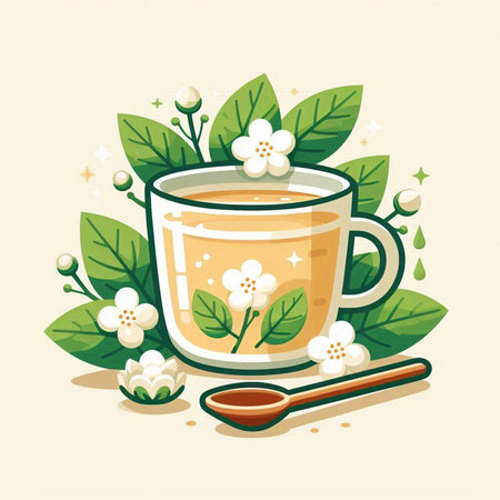Cup of tea with jasmine flowers. Vector illustration.のイラスト素材