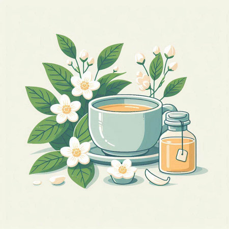 Cup of tea with jasmine flowers. Vector illustration.のイラスト素材