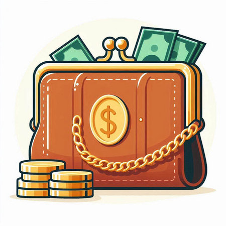 Briefcase with gold coins and dollar bills. Vector illustration.のイラスト素材