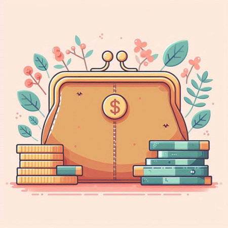 Vector illustration of a purse with money, coins and flowers. Flat style.のイラスト素材