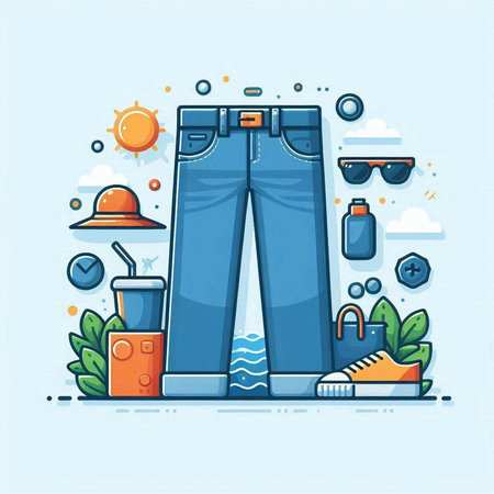 Trendy flat line icons set of jeans and accessories. Vector illustrationのイラスト素材
