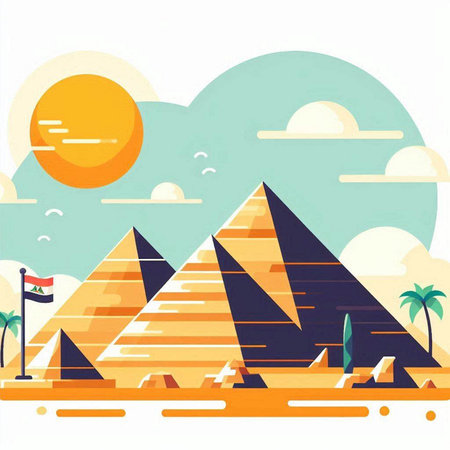 Egyptian pyramids and sun. Vector illustration in flat style.のイラスト素材