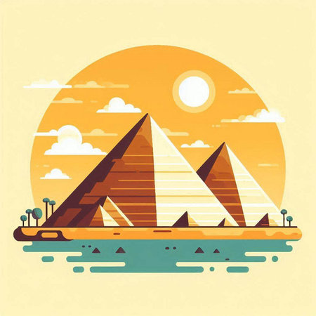Egyptian pyramids at sunset. Vector illustration in flat style.のイラスト素材