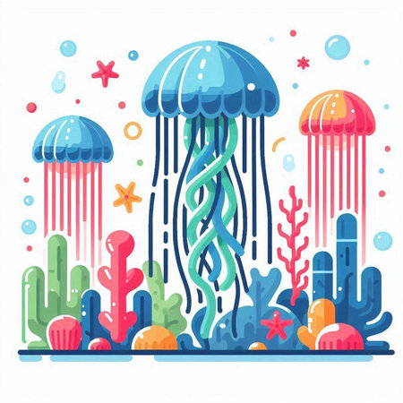 Jellyfish in the sea. Vector illustration in flat style.のイラスト素材
