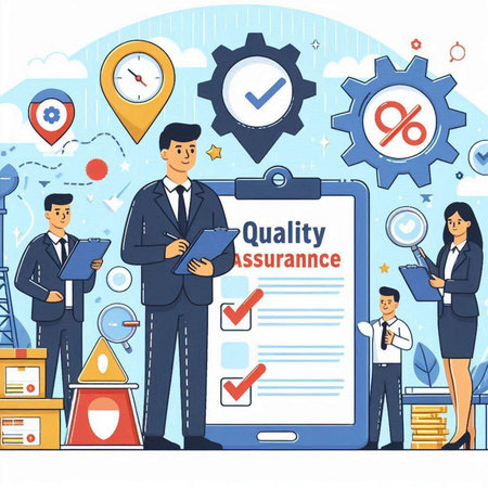 Quality assurance concept with business people and checklist. Quality assurance, guarantee and assurance vector illustration.のイラスト素材