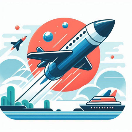 Rocket and ship on the background of the planet. Vector illustration.のイラスト素材