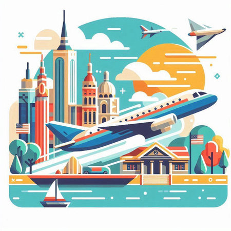 Cityscape with airplane and buildings. Vector illustration in flat style.のイラスト素材