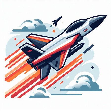 Fighter jet flying in the sky. Vector illustration in retro style.のイラスト素材
