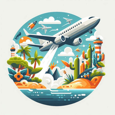 Airplane flying above the sea. Travel concept. Vector illustration.のイラスト素材