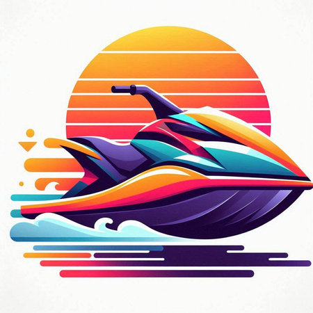 illustration of speed boat with sunset in the background, vector illustrationのイラスト素材