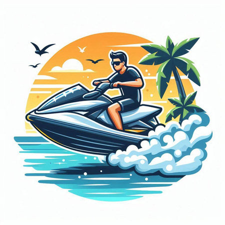 Man riding a jet ski on the sea. Vector illustration in cartoon style.のイラスト素材