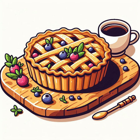 Illustration of a pie with berries and a cup of coffee.のイラスト素材