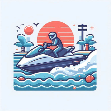 Vector illustration of a man on a jet ski on the beach.のイラスト素材