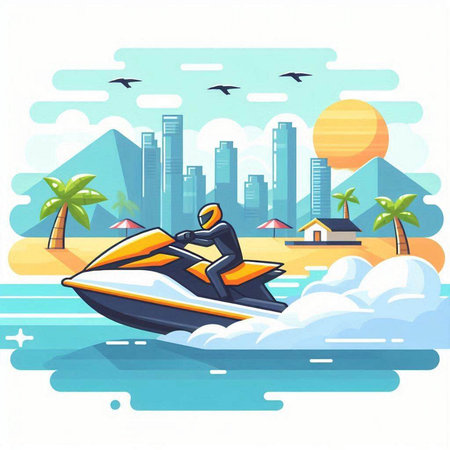 Vector illustration of a man riding a jet ski on the beach.のイラスト素材