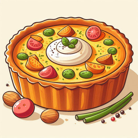 Illustration of a pie with cottage cheese, tomatoes and green peasのイラスト素材