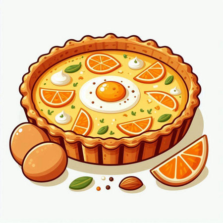Illustration of a pie with oranges and eggs on a white backgroundのイラスト素材