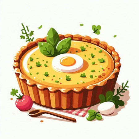 Illustration of a pie with eggs and herbs on a white backgroundのイラスト素材