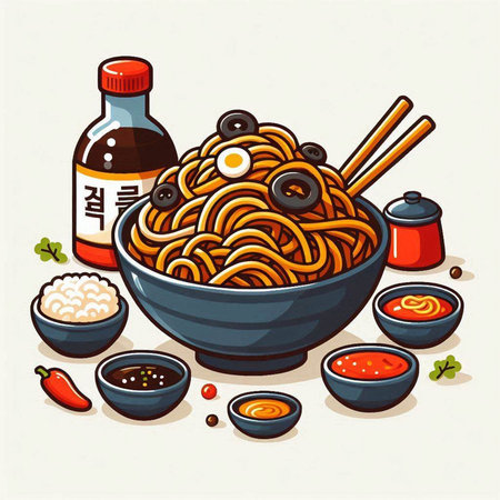 Noodles in bowl with chopsticks and sauce. Vector illustrationのイラスト素材