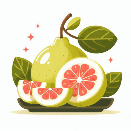 Fresh whole and sliced pomelo fruits with leaves. Vector illustrationのイラスト素材