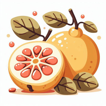 Illustration of a whole and half of a grapefruit with leavesのイラスト素材