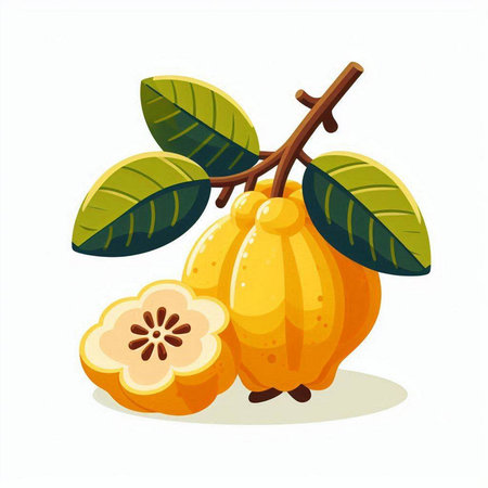 Fresh quince fruits with leaves isolated on white background. Vector illustration.のイラスト素材