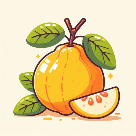 Illustration of a quince fruit with leaves. Vector illustration.のイラスト素材