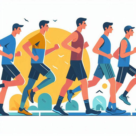 Running people, men jogging in the park. Vector illustration.のイラスト素材