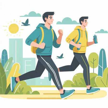 Two men running in the park. Healthy lifestyle concept. Vector illustrationのイラスト素材